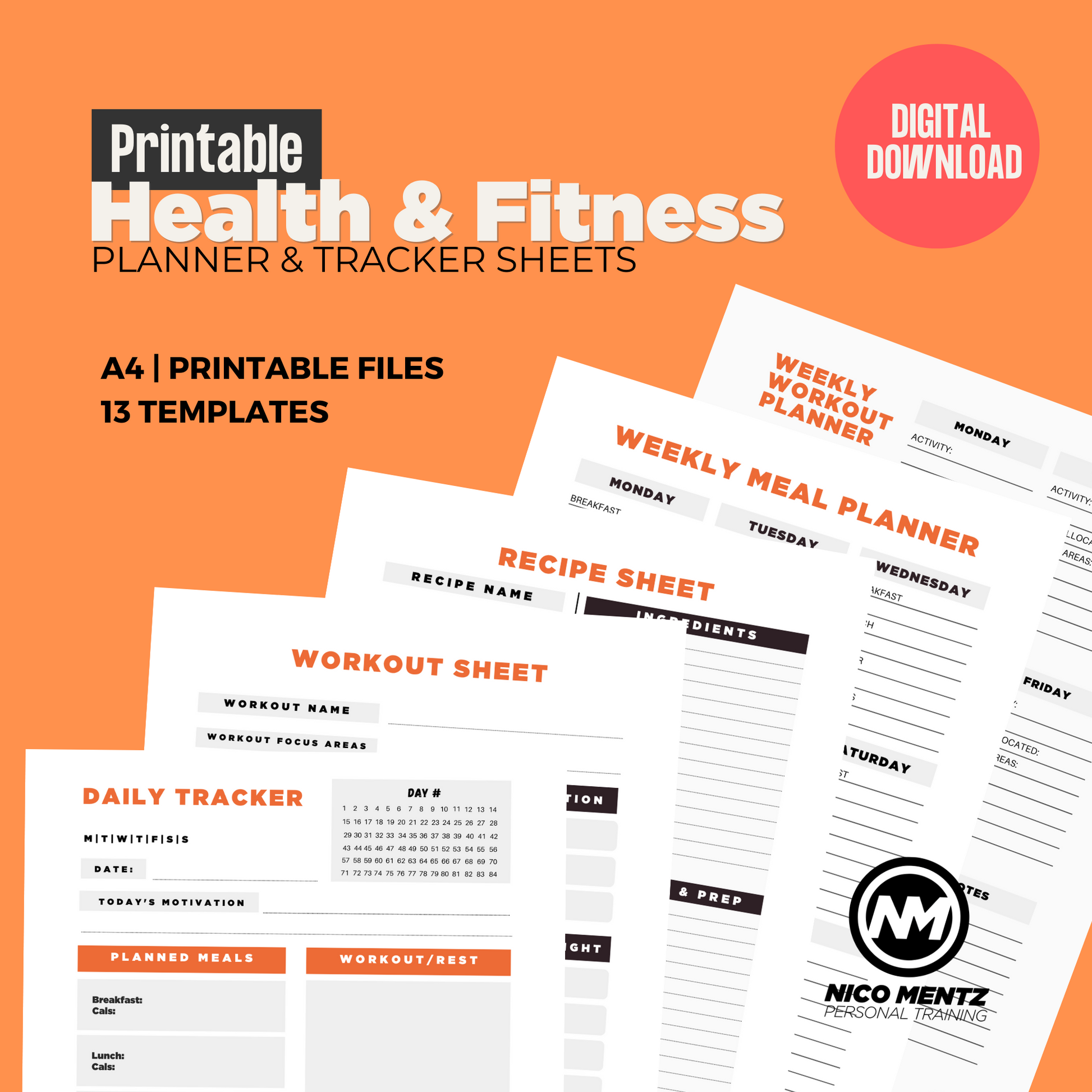 Printable Health & Fitness Planner & Tracker Sheets (Digital